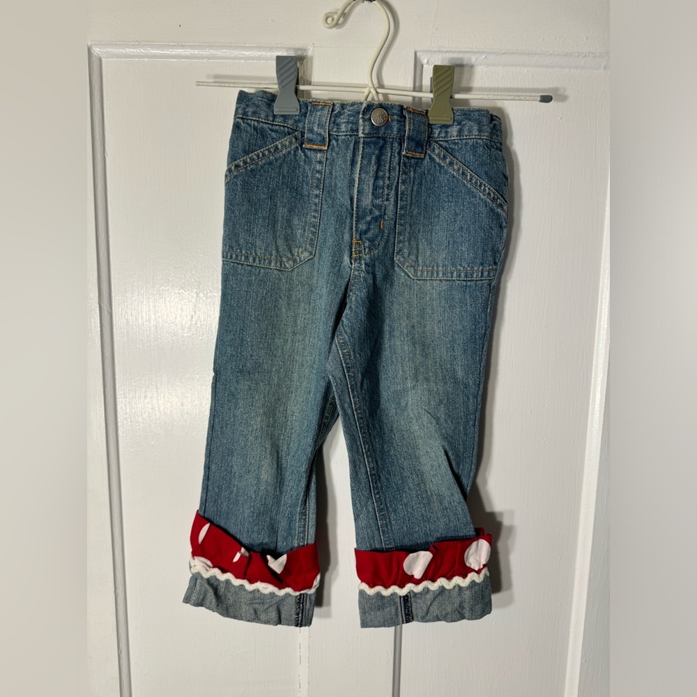 Custom Girls Denim Jeans with custom Red and White polka dot Ruffle Trim. 4T